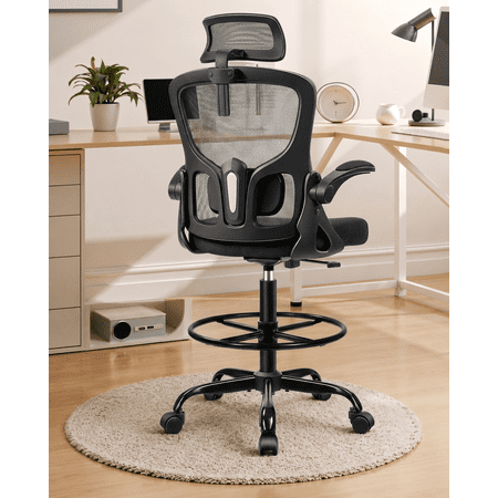 ATHOPE Ergonomic Office Chair, Tall Drafting Chair with Adjustable Foot Ring & Headrest for Standing Desks, Breathable Mesh Desk Chair with 90° Flip-Up Armrests & Lumbar Support, Black
