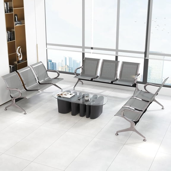 Kinbor Silver Waiting Room Bench Set - 3-Seat Chairs Office Guest Reception Benches with Armrest for Waiting Room Lobby Airport Hospital Bank Salon(Sliver Mesh, Set of 3)