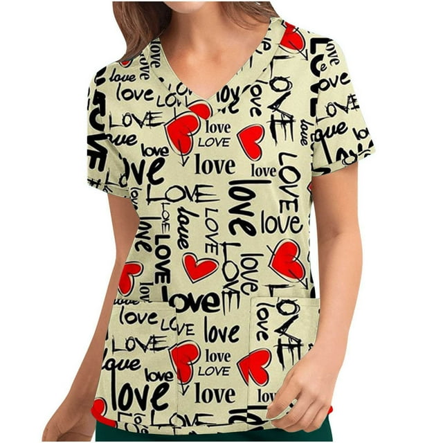 TIMIFIS Blouse d'Été Décontractée à Col en V pour Femmes, Imprimé Cœur, Manches Courtes, Infirmière, avec Poches