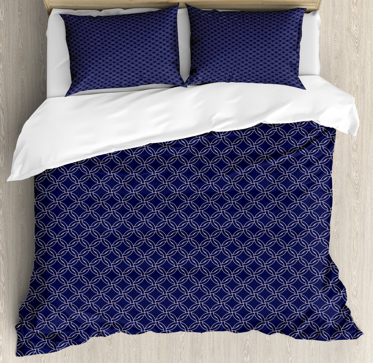 Navy Blue Duvet Cover Set, Abstract Geometric Entangled Circles Ring