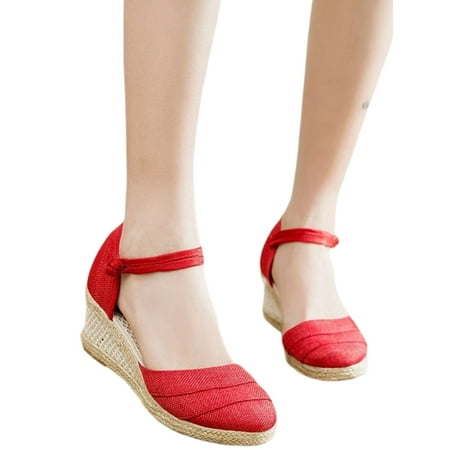 

Gomelly Woman Espadrilles Sandals Beach Pumps Shoes Ankle Strap Wedge Sandals Lightweight Mary Jane Heels Red 8.5