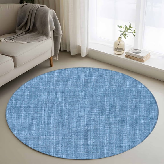 Blue 4ft Round Rug, Farmhouse Burlap Solid Blue Color Modern Linen Texture Non-Skid Rubber Backing Large Area Rugs - Living Room Bedroom Home Office, Indoor Floor Mat Carpets Washable Rug