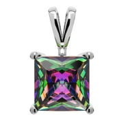 14K Solid White Gold Pendant Only | Princess Cut Rainbow Mystic Cubic Zirconia Solitaire | 2 Carat | With Gift Box