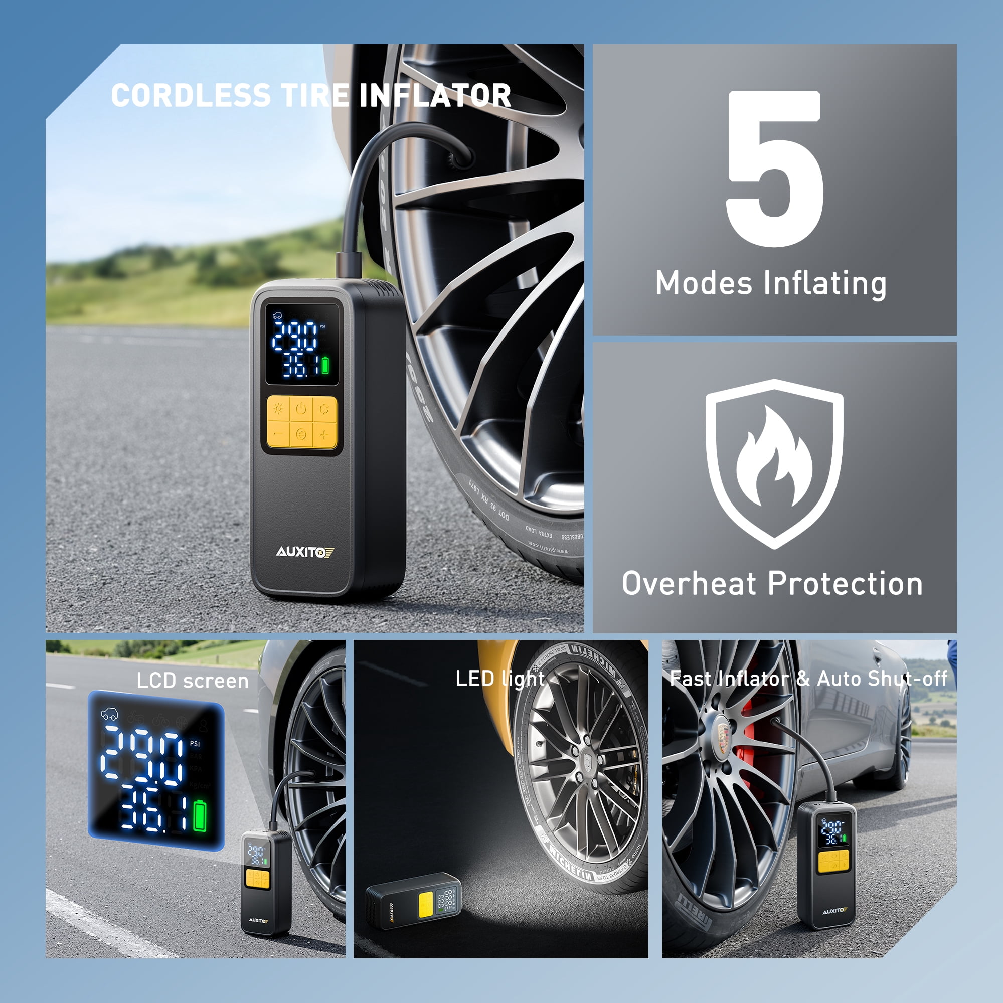 AUXITO Tire Inflator Portable Air Compressor - Faster Inflation, 150PSI Cordless Air Pump Digital Gauge, Auto Shut off for Car, Truck, Bike Tires & Inflatables