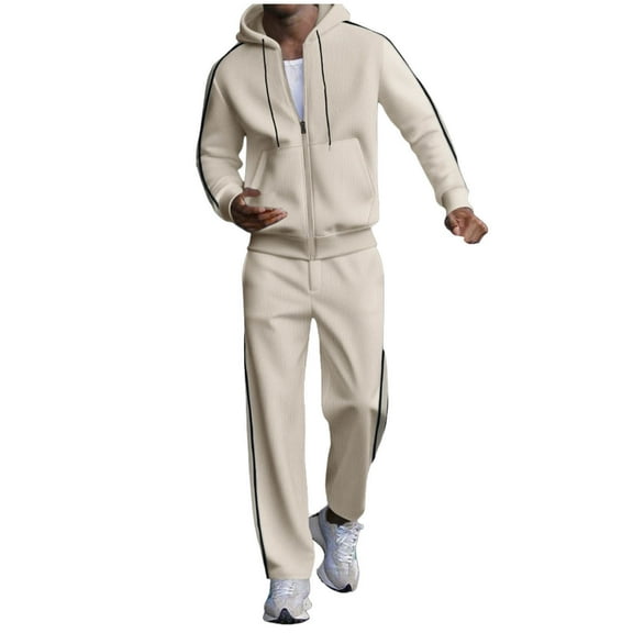 Atogsazn Mens Fall Track Suit Full Zip Hooded Sweatshirt Sweatpant Sets Sweatsuit Jogger Running Outfit Clothing 01-Khaki XL Fashion