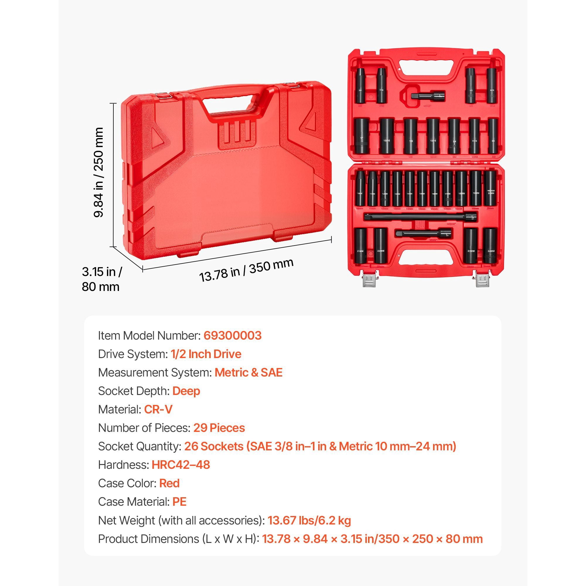 1/2 in Drive Impact Socket Set, 29 Piece, 6 Point Deep Impact Sockets, SAE (3/8 to 1 inch) and Metric (10 to 24 mm) Sizes with Extension Bars (3, 5, 10 in), Cr-V Steel, Heavy Duty Carrying Case
