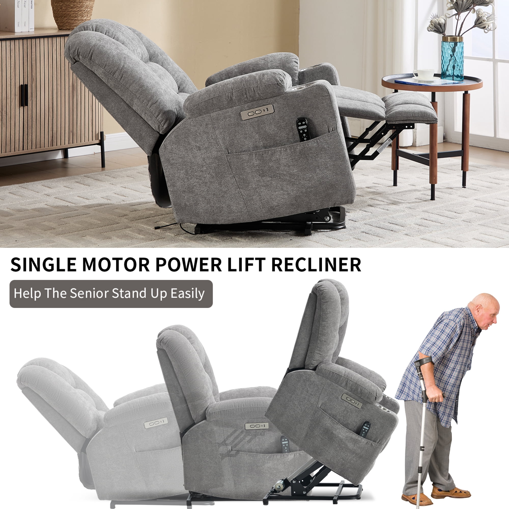 Leumius Large Power Lift Recliner Chair for Elderly,Heavy Duty Recliners with Vibration Massage and Lumbar Heating,Single Sofa with USB and Type C Ports, 2 Steel Cup Holders,Light Gray
