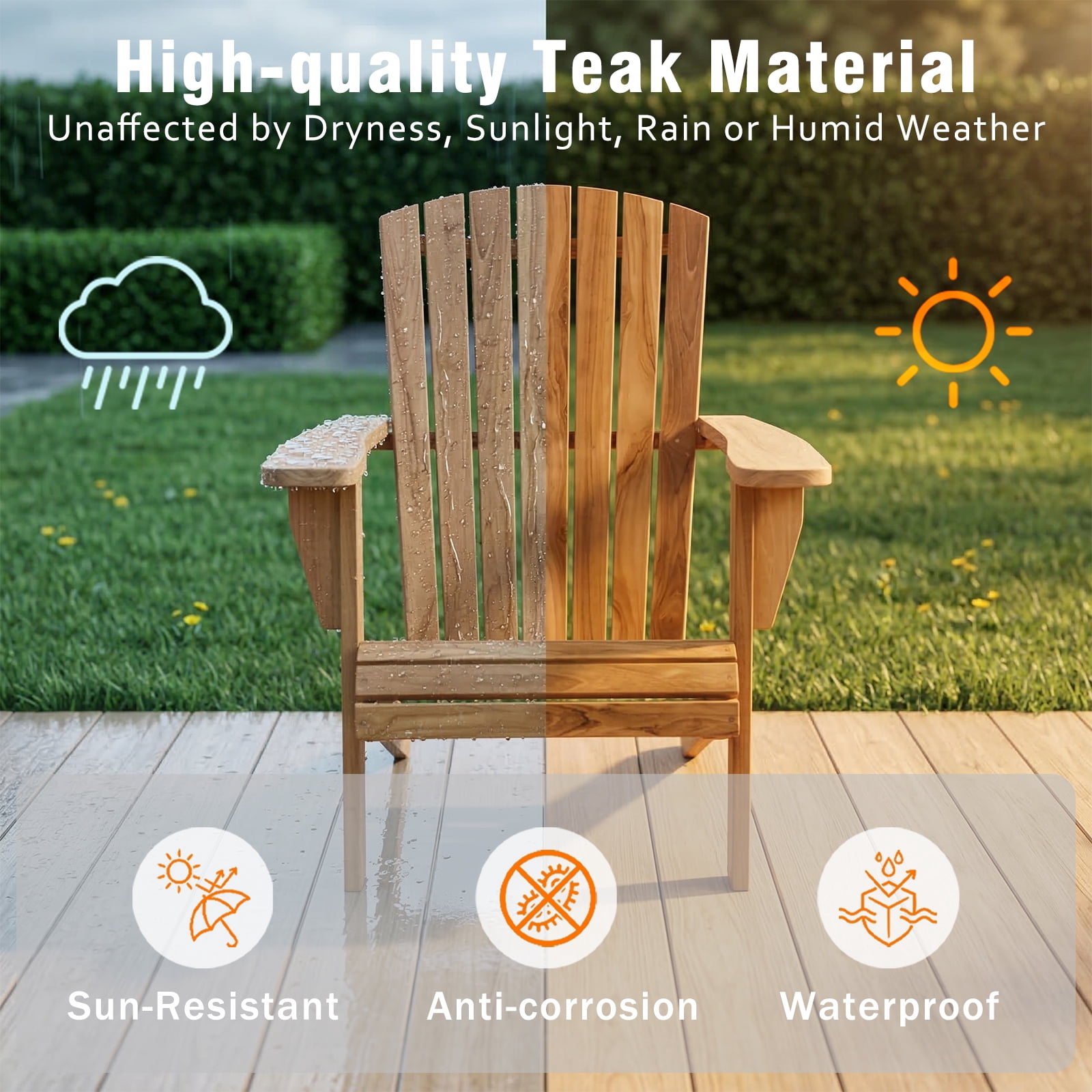 Outdoor Wooden Adirondack Chair, Teak Leisure Line Adirondack Chair All Weather Fire Pit Chair Suitable for Patio Lawn Gardens Terraces Poolside