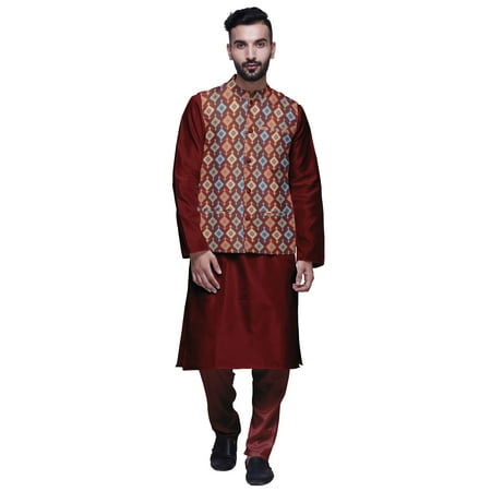 

Atasi Traditional Mens Dupion Silk Kurta Pajama Set With Nehru Jacket Men Wear