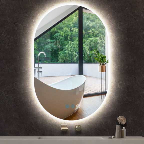 Oval 20" x 32" Backlit Lighted Makeup Mirror with Lights AntiFog Smart Memory 3 Color Dimmable 32" Frameless LED Oval Backlit Mirror for Bathroom Vanity Table Wall Vertical/Horizontal Mount