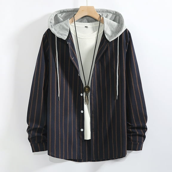 XMMSWDLA Mens Plus Top Turndown Cardigan Contrast Stripes Long Sleeve Buttoned Hooded Shirt