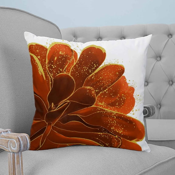 Burnt Orange Throw Pillow Covers, Soft Pillowcases with Invisible Zipper, Sparkle Gold Stained Floral Flower Art Decorative Square Pillow Cushion Covers for Living Room Couch Sofa Bed 20x20 Inches
