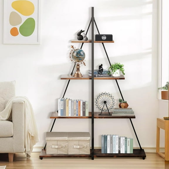 GAOMON Book Shelf, 4 Tier Ladder Shelf, Ladder Bookcase with Sailboat A Shaped Structure, Bookshelf with Sturdy Shelves Display, Wooden Storage Bookshelves for Living Room, Bedroom,Rustic Brown