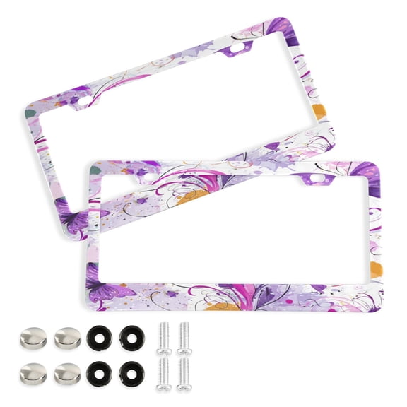 Aluminum License Plate Frame 2 Pack Car Exterior Accessory Car Tag Holder for Front Rear Plates Cars Decor Purple Butterfly with Swirls