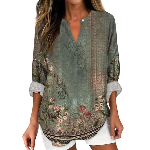 WEAIXIMIUNG T-Shirts Graphiques pour Femmes Humour Adulte Vintage Imprimé Floral Col en V Manches Longues Chemise Décontractée