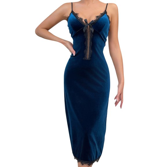 Women's Long Velvet Lace Nightgown Deep V Nightdress Sexy Lingerie Sleeveless Suspender Nightgown