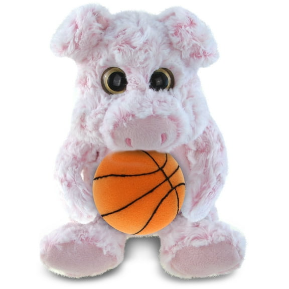 DolliBu Sitting Pig Stuffed Animal with Basketball Plush - Soft Huggable Pig, Adorable Playtime Pig Plush Toy, Cute Wildlife Gift, Plush Doll Animal Toy for Kids and Adults - 9 Inch