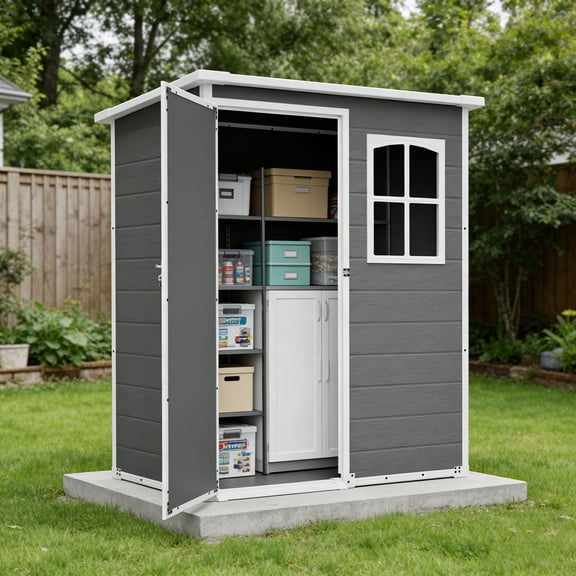5 x 3 FT Resin Outdoor Storage Shed with Floor, Garden Plastic Shed with Lockable Door & Window for Backyard, Patio, Lawn