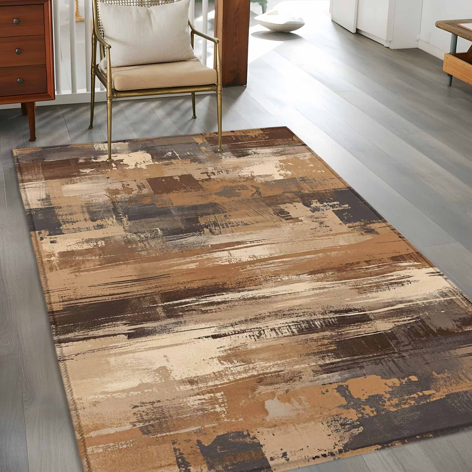 Area Rugs 2.7'x5', Brown Abstract Carpet for Living Room Bedroom Dining Room, Vintage Geometric Gradient Oil Painting Modern Throw Kitchen Rugs Non Slip Washable Rectangle Indoor Outdoor Rugs