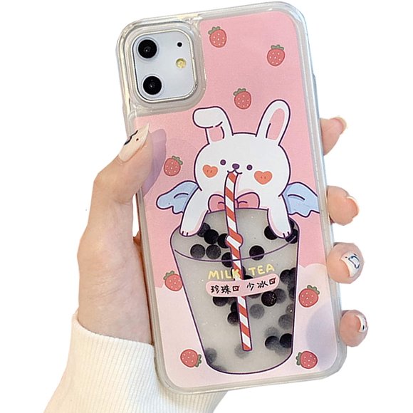 Cas de Sable Rapide pour iPhone XS Max, Créatif Amusant Conception de Thé de Lait de Perle Liquide Mignon Ours PC Dur Couverture Arrière Silicone Souple Pare-Chocs Étui de Protection (Lapin, iPhone XS Max)