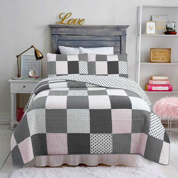 Halftone Black White Subtle Pink Polka Dot Patchwork Cotton Queen 3 Piece Quilt Bedding Set