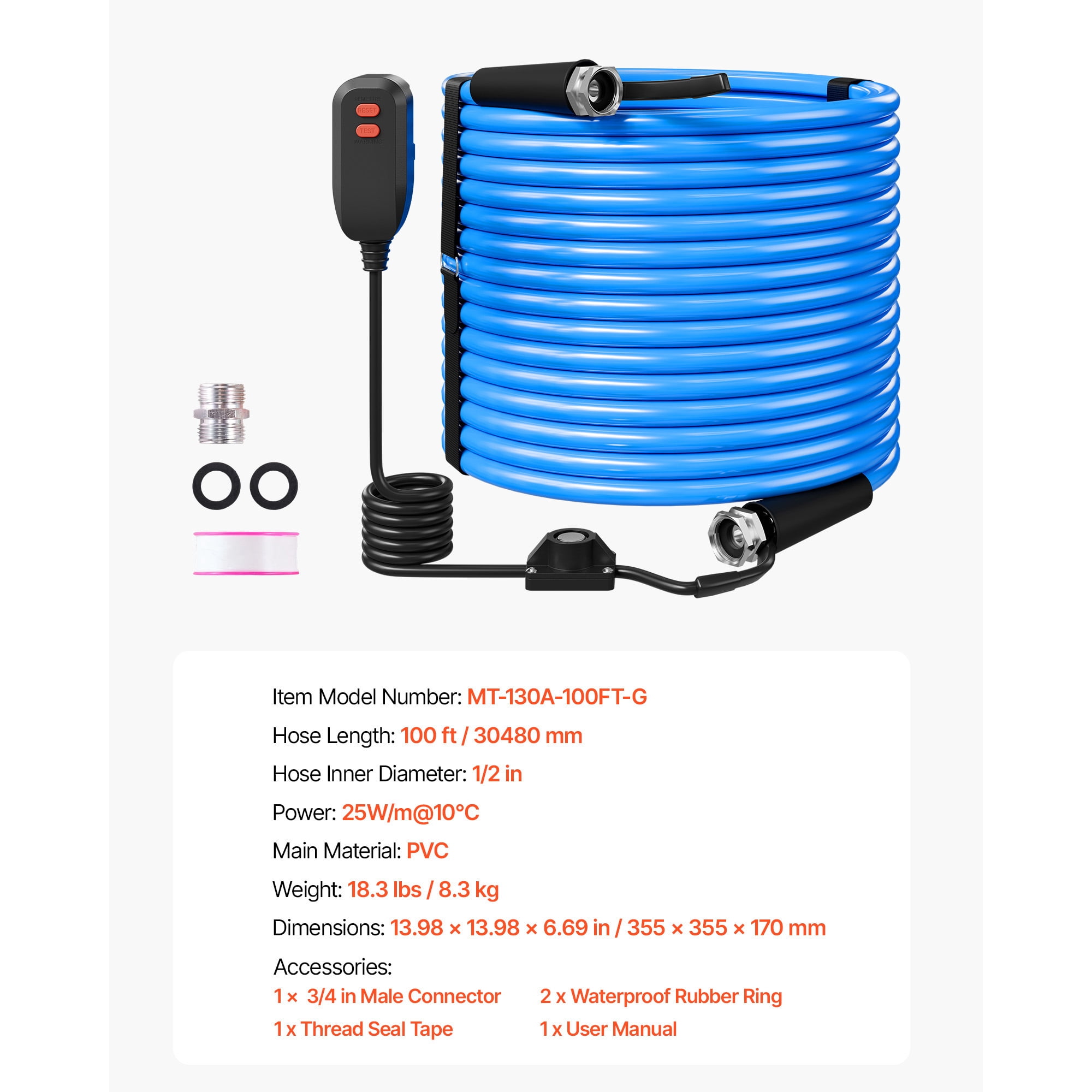 KFFKFF 100FT Heated Water Hose for RV, -45°F Anti-Freeze Drinking Hose, 1/2" ID, Smooth Surface, GFCI Leakage Protection, Built-in Thermostat, Freeze & Leak-Resistant, Lead and BPA-Free for RV Use