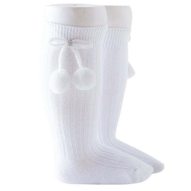 FAIWAD Baby Girls Cute Socks with Pompoms Toddler Stretch High Knee Ribbed Knitted Floor Long Socks