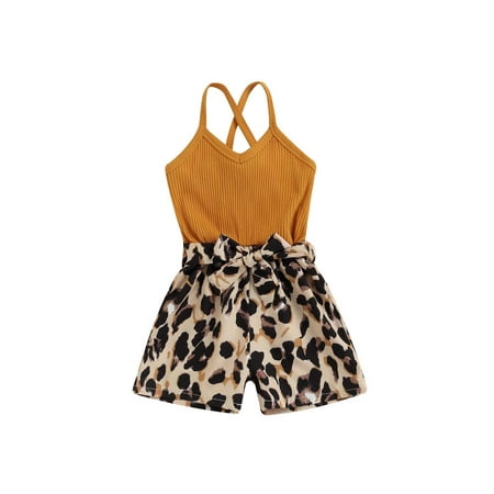 

Kiapeise Summer Toddler Baby Girls Clothes Halter Strap Jumpsuit Patchwork Leopard Print One Piece Romper Shorts with Belt