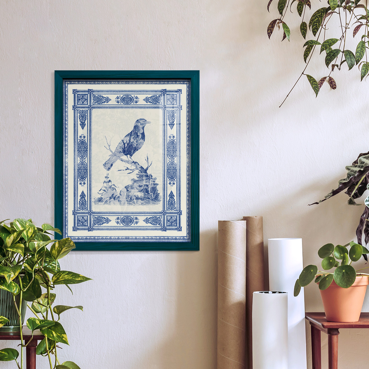 Toile de Jouy I -Framed Print w/glass-Ocean Blue