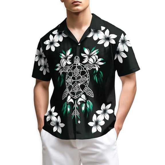 Netecom Green Turtle Hawaiian Shirt for Men, Button Down Summer Beach Short Sleeve, Vintage Style, Sizes S-5XL