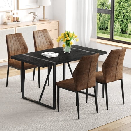Dining Table Black Faux Wood Grain MDF Set minimalist retro rectangular