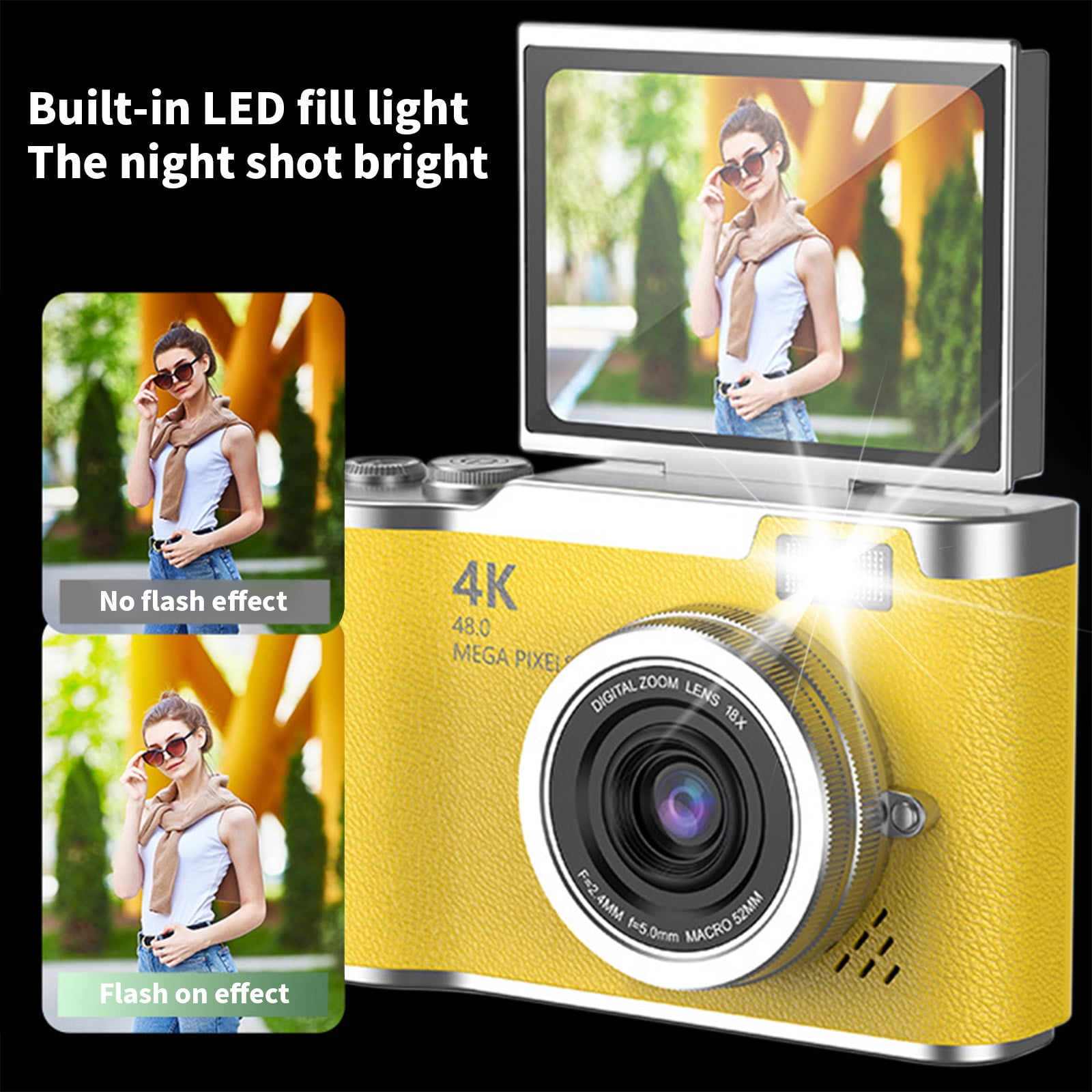 Digital Camera, Gaqring 2.4 Inch Flip Screen Autofocus 1080P HD Selfie Beauty Camera, 8X Digital Zoom 48MP CMOS Sensor Night Vision Flash Portable Teen Camera, Yellow