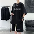 thumbnail image 3 of Conjunto de moda coreana para hombre, con estampado de gofres, camiseta de manga corta y pantalones cortos, conjunto deportivo de 2 piezas, chándal de moda de verano, 3 of 5