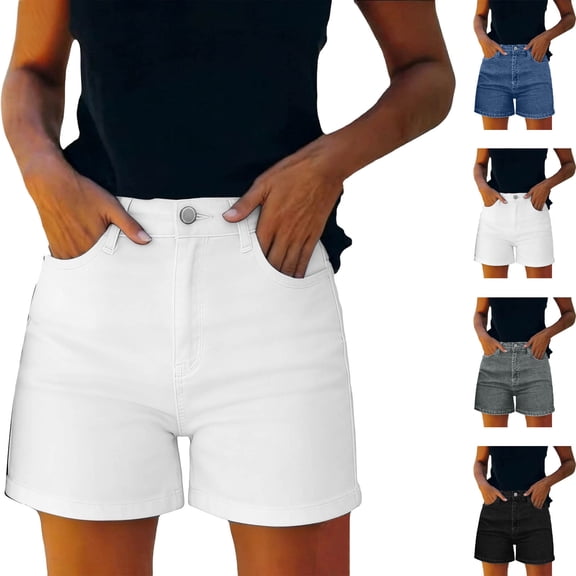 Zefriona Women's Denim Shorts 5 Pockets High Waisted Bermuda Shorts Pull On Stretch Jean Shorts White Size XL