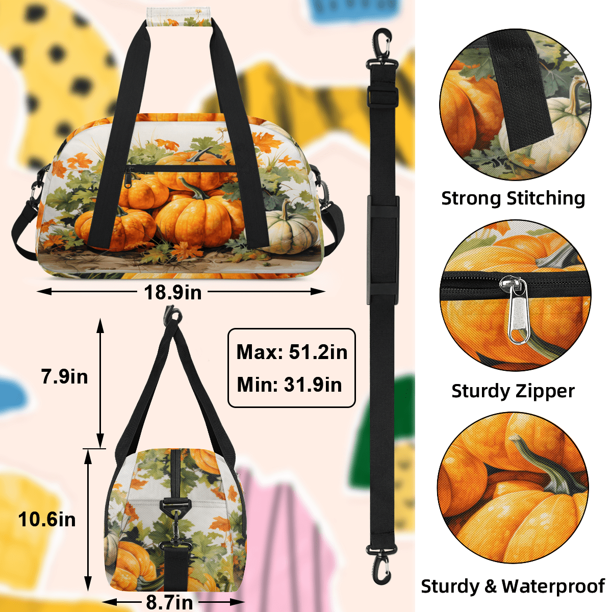 Herdesigns Fall Watercolor Pumpkin Sports Duffle Bag for Women & Men, Autumn Gym Bag Dance Bag Overnight Bag Carry On Weekender Travel Bag
