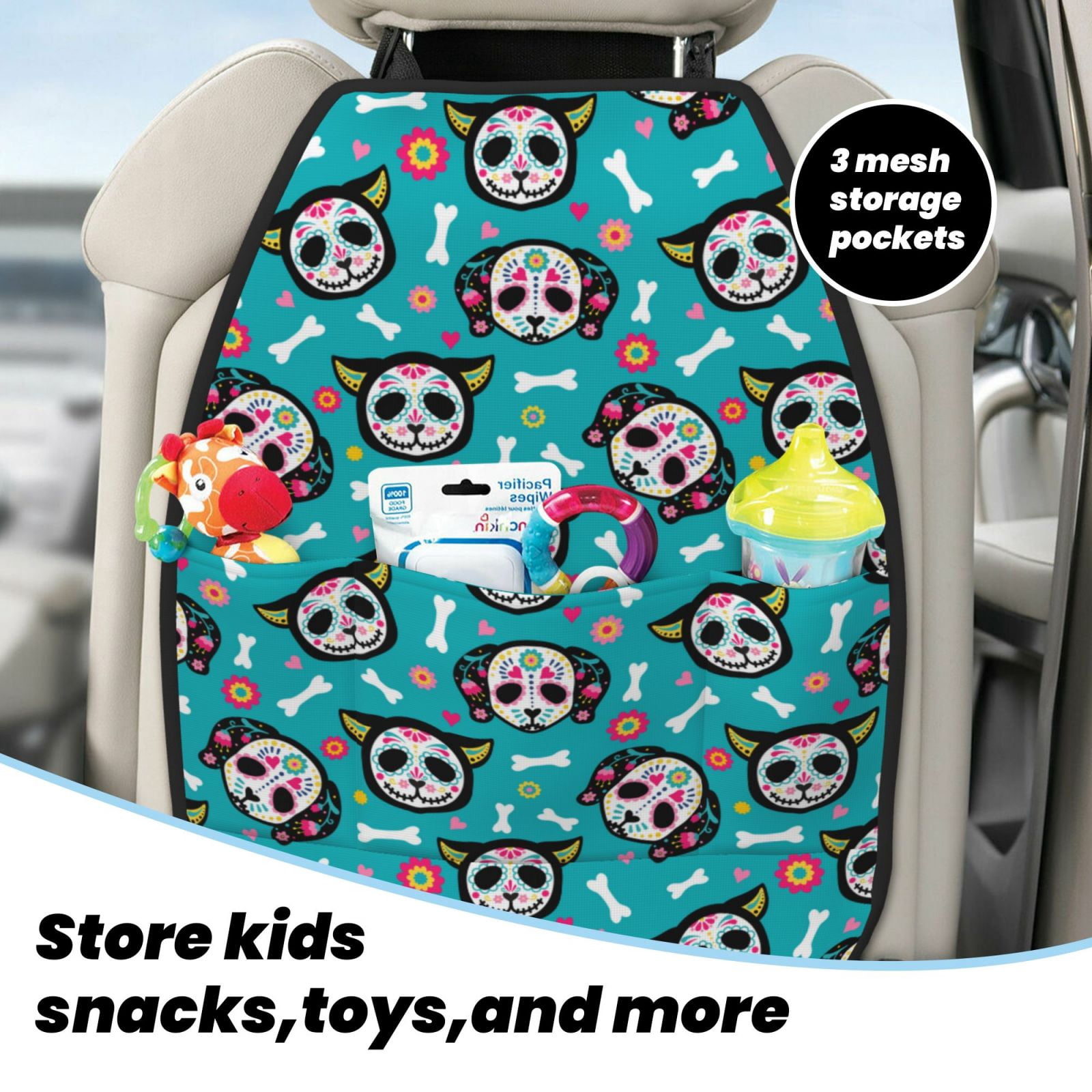 Kdxio Cartoon Dog And Cat Print 2 Pack Car Kick Mat Seat Cover Back Protector Mat with Pockets for Organizer Backseat Protector and Storage Anti Kick Pad for Vehicles