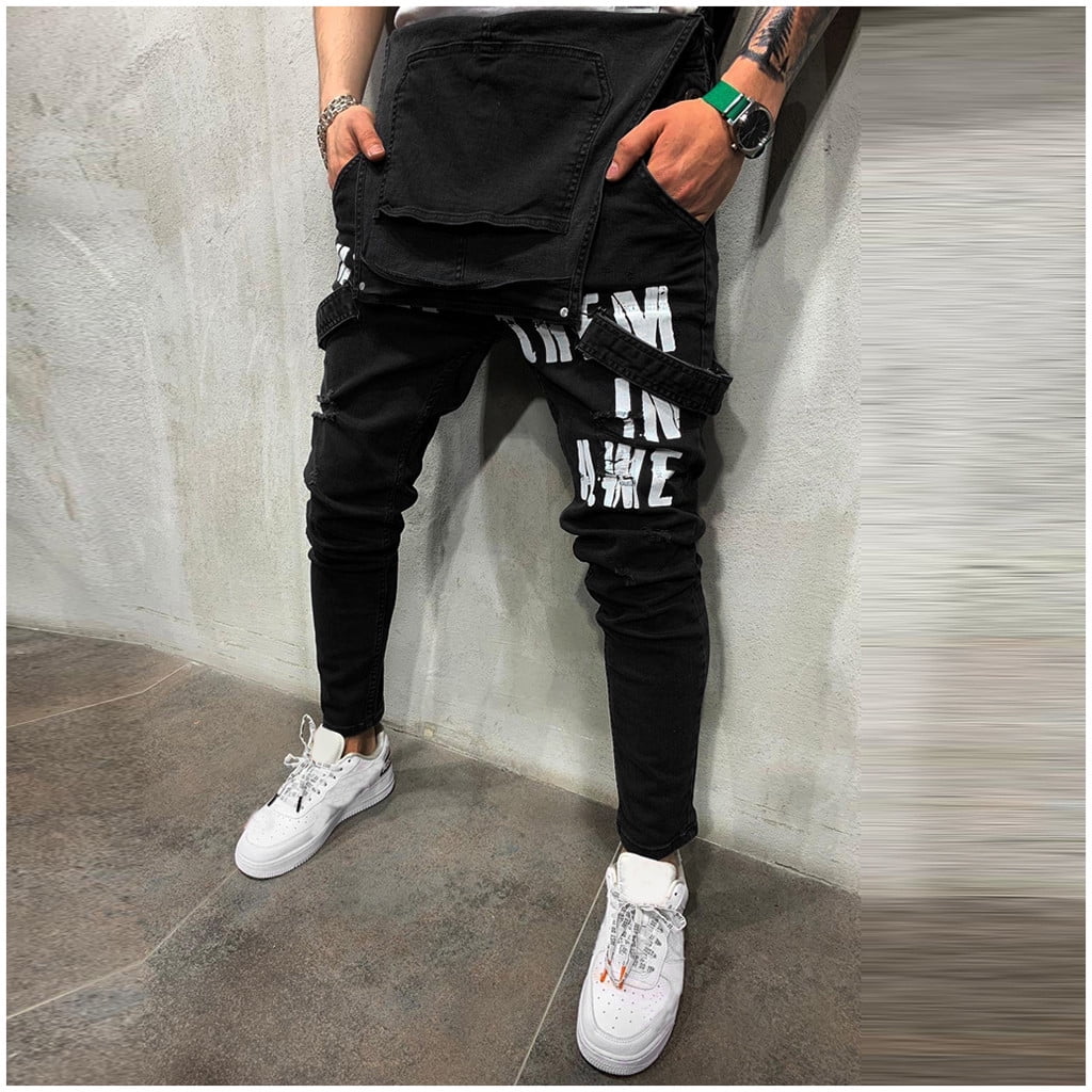 Mens Pants Casual Mens Hole Pocket Jeans Overall Jumpsuit