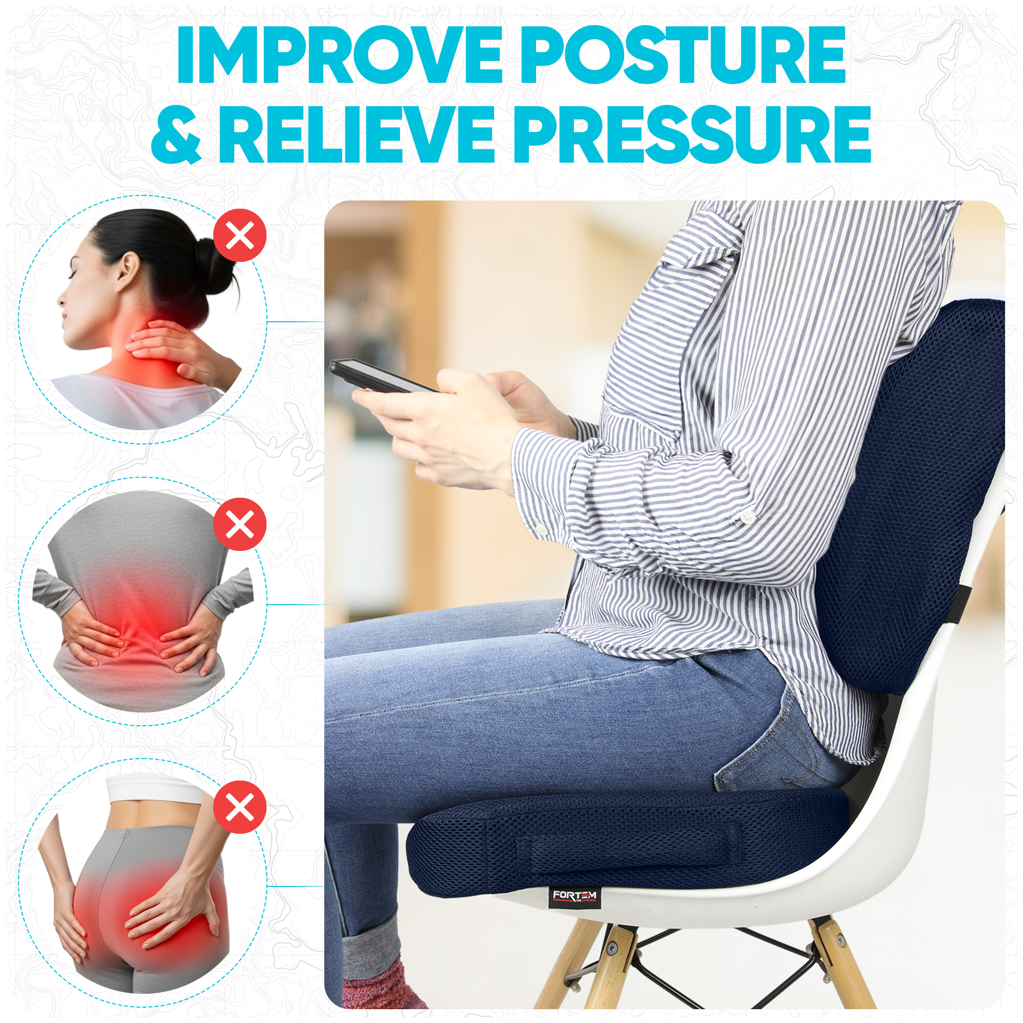 FORTEM Seat Cushion, Office Chair Cushion, Lumbar Support Pillow for Office Chair, Memory Foam Car Seat Cushions, Sciatica Coccyx Tailbone Pain Relief, Cushions for Back Support, Washable, Non Slip