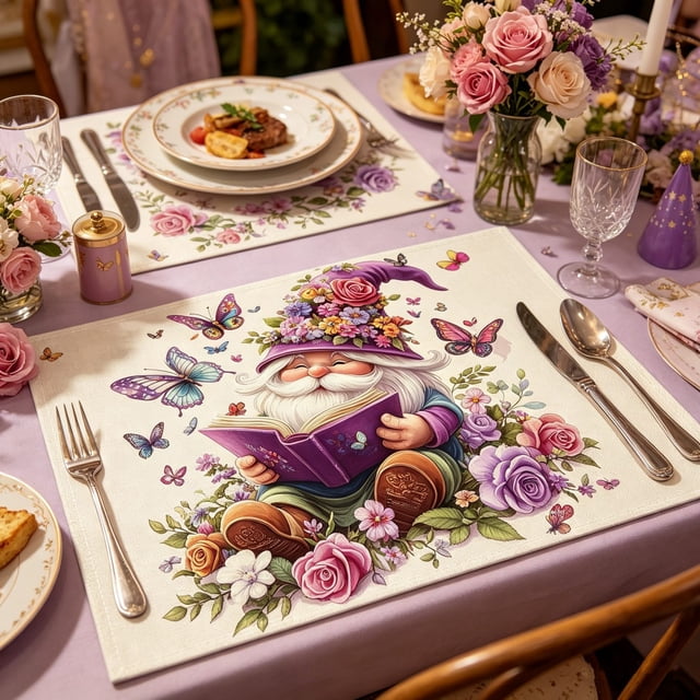 Polyester Gnome Floral Table Placemat, Heat Resistant Stain Proof Table Mat for Dining Kitchen, Multicolor, 45 x 30 cm, 1 Pack