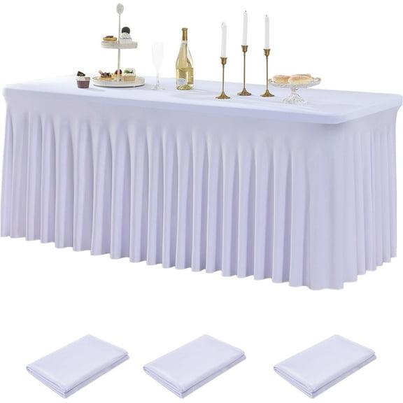 XmhyTop 8ft Spandex Table Cloth for Standard Folding Tables-3Pack White Table Cloth Table Protector for Party, Wedding, Cocktail, Banquet, Festival