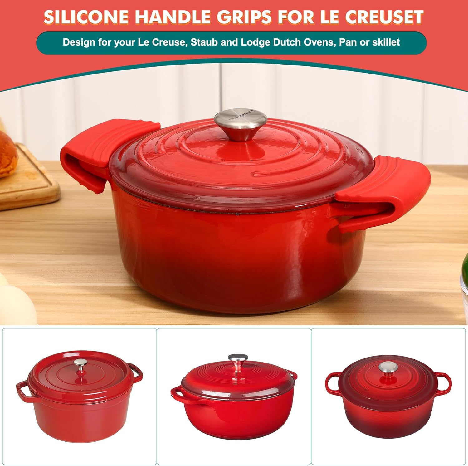 Silicone Handle Grips, Cerise 5" x 2 1/2" Each, Handle Grips& Handle Sleeve Fit for le creuset Dutch Ovens Accessories Five Year Free Replacement