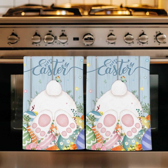 Spring Easter Kitchen Towels Set of 1, Rabbit Ears Foot Colorful Eggs Wooden Plank Absorbent Dish Towels for Kitchen, Microfiber Hand Towel, Quick Drying Tea Towel for Cleaning Decorative Dishcloths