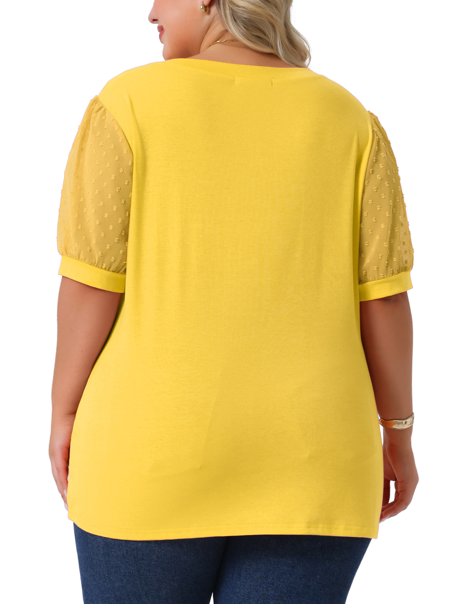 Women's Plus Tops V Neck Swiss Dots Puff Sleeve Casual Blouse Shirt 3X Yellow
