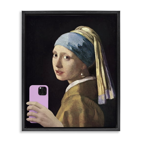 Girl With Pink Phone Funny Black Framed Floater Canvas Wall Art, design by Masters Redux