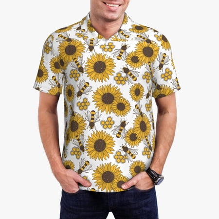Rateoe Sunflowers and Bees Pattern Men s Short Sleeve Polo Shirts Golf Polo Shirts Short Sleeve Performance Moisture Wicking Dry-3X-Large