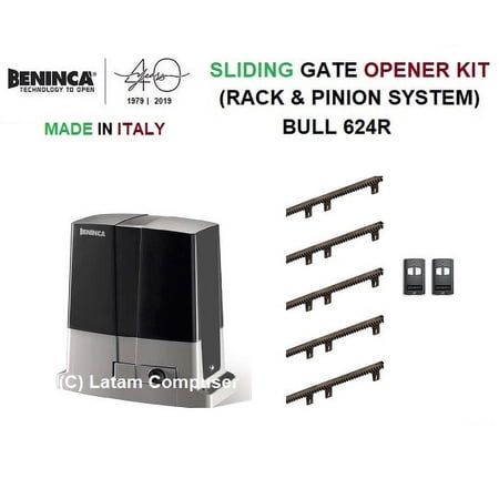 BENINCA SLIDE GATE OPENER / OPERATOR BULL 624R KIT (1 BULL 624R, 2 LONG-RANGE REMOTE CONTROLS & 5 RI.M4P NYLON / STEEL CORE RACKS 40” EACH)