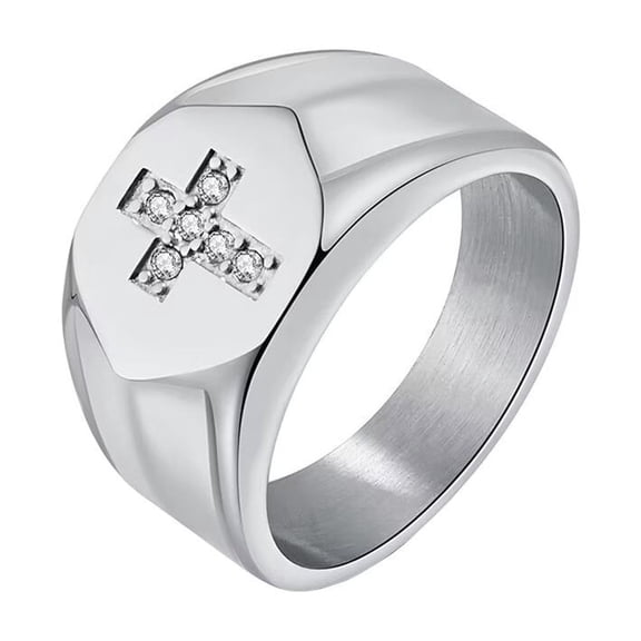 PAMTIER Unisex Stainless Steel 12mm Hip Hop Irregular Rhinestone Inlay Iced Out Cross Signet Amulet Crucifix Ring Silver Size 10