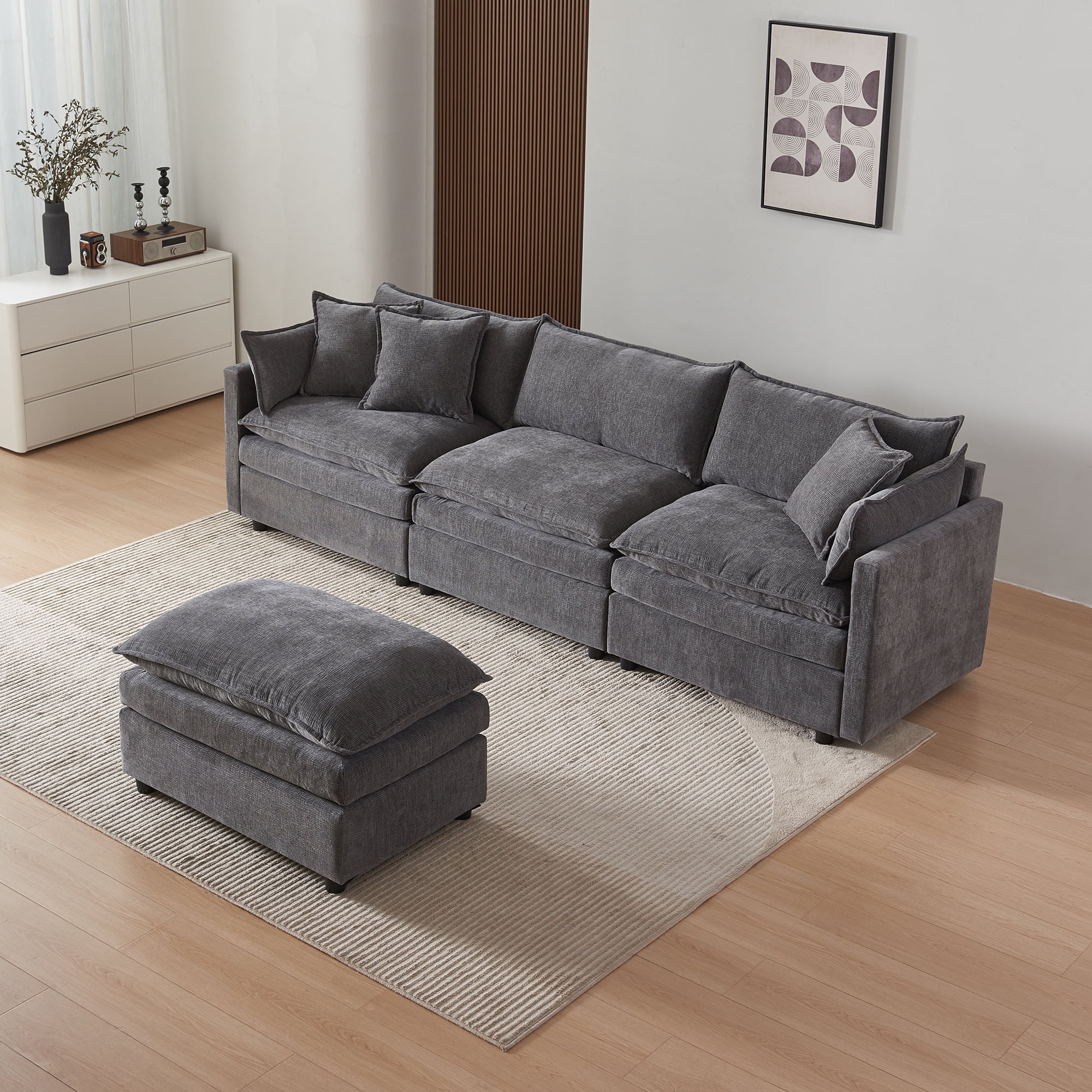 MAYEERTY Chenille Fabric L-Shaped Modular Sectional Sofa with Ottoman Green Comfy Living Room Couch