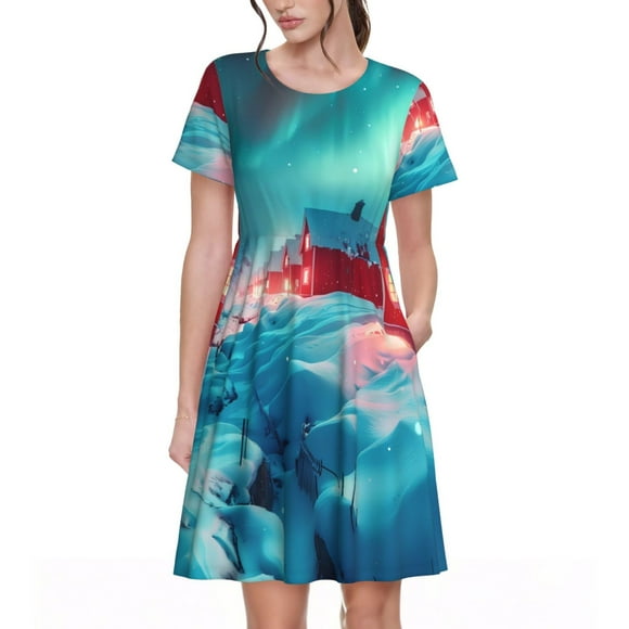 Gaeub Aurora Borealis Village Print Womens Dresses,Casual Short Sleeve Tunic,Summer Midi Dress for Women,Women's Short sleeve Dress
