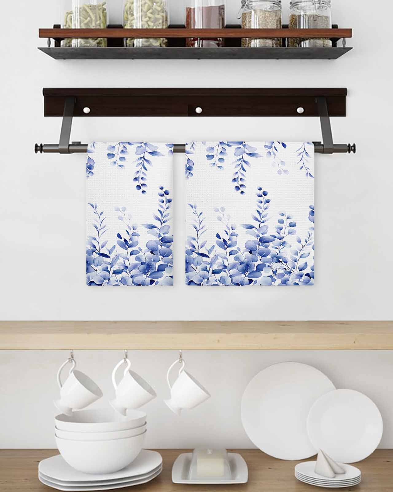 Blue Eucalyptus Hand Towels Set,Waffle Weave Kitchen Towels 3Pcs, Botanical Plant Rustic Succulent Branch Microfiber Hair Face Bath Tea Towel Absorbent Quick Drying Cleaning Dish Cloths 15.7"x23.6"